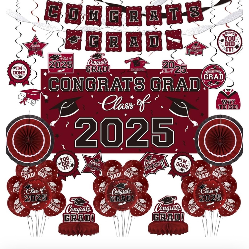 Graduation Party Decoration Set - Maroon and White